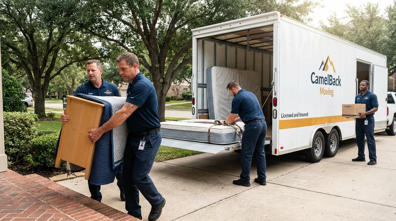 Crew loading residential truck for cross-state move from Pineville, LA