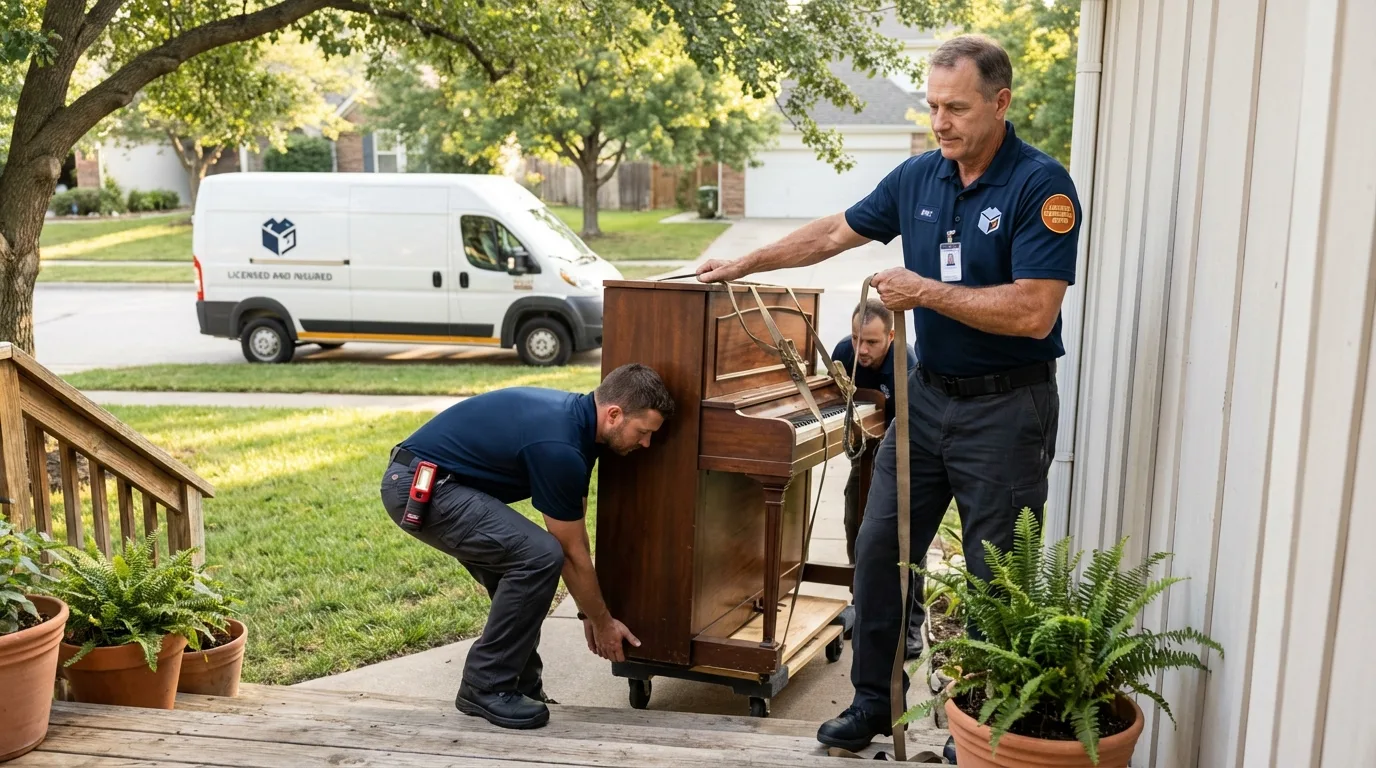 Licensed piano movers securing grand piano in Pineville, LA