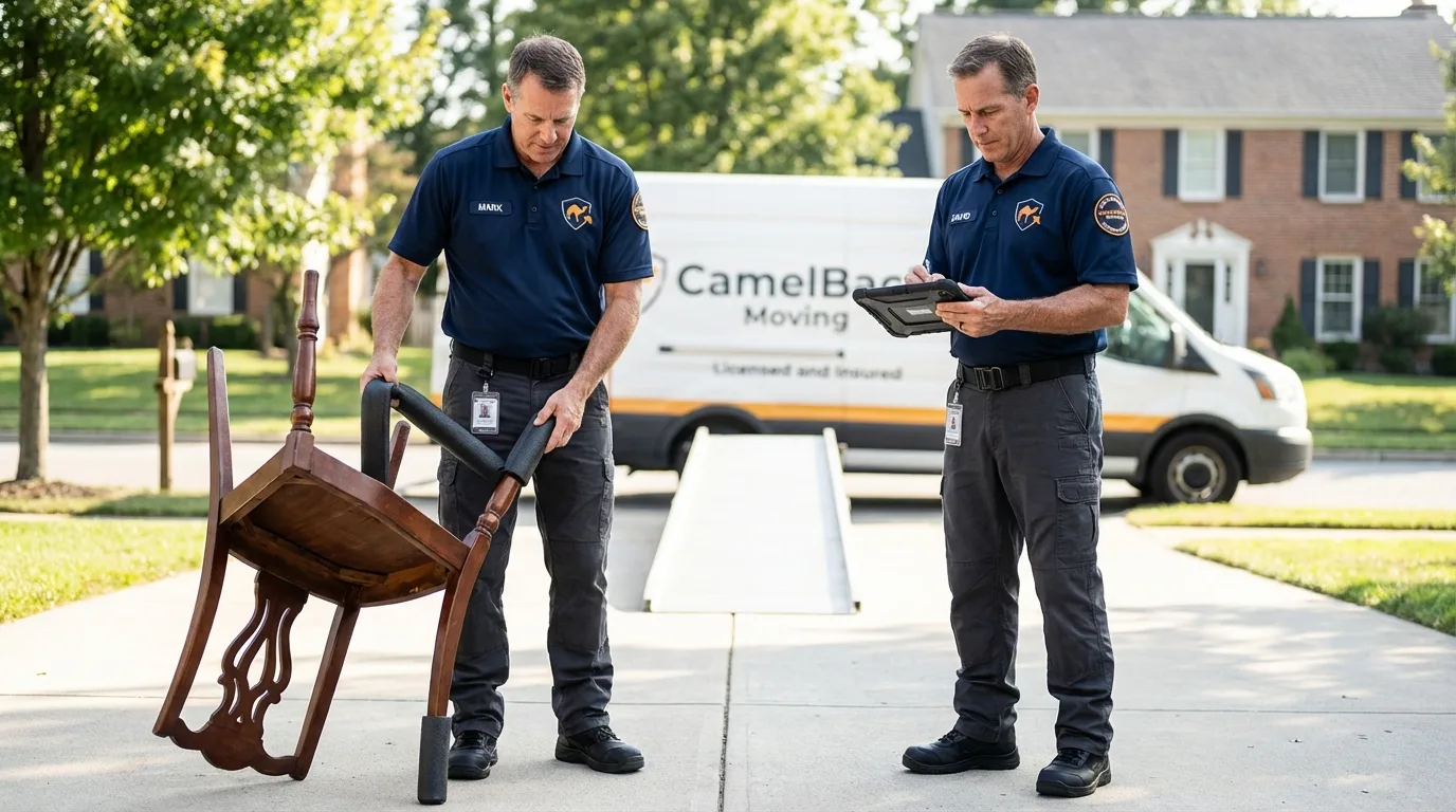Movers inspecting furniture for damage prevention before loading in Pineville, LA