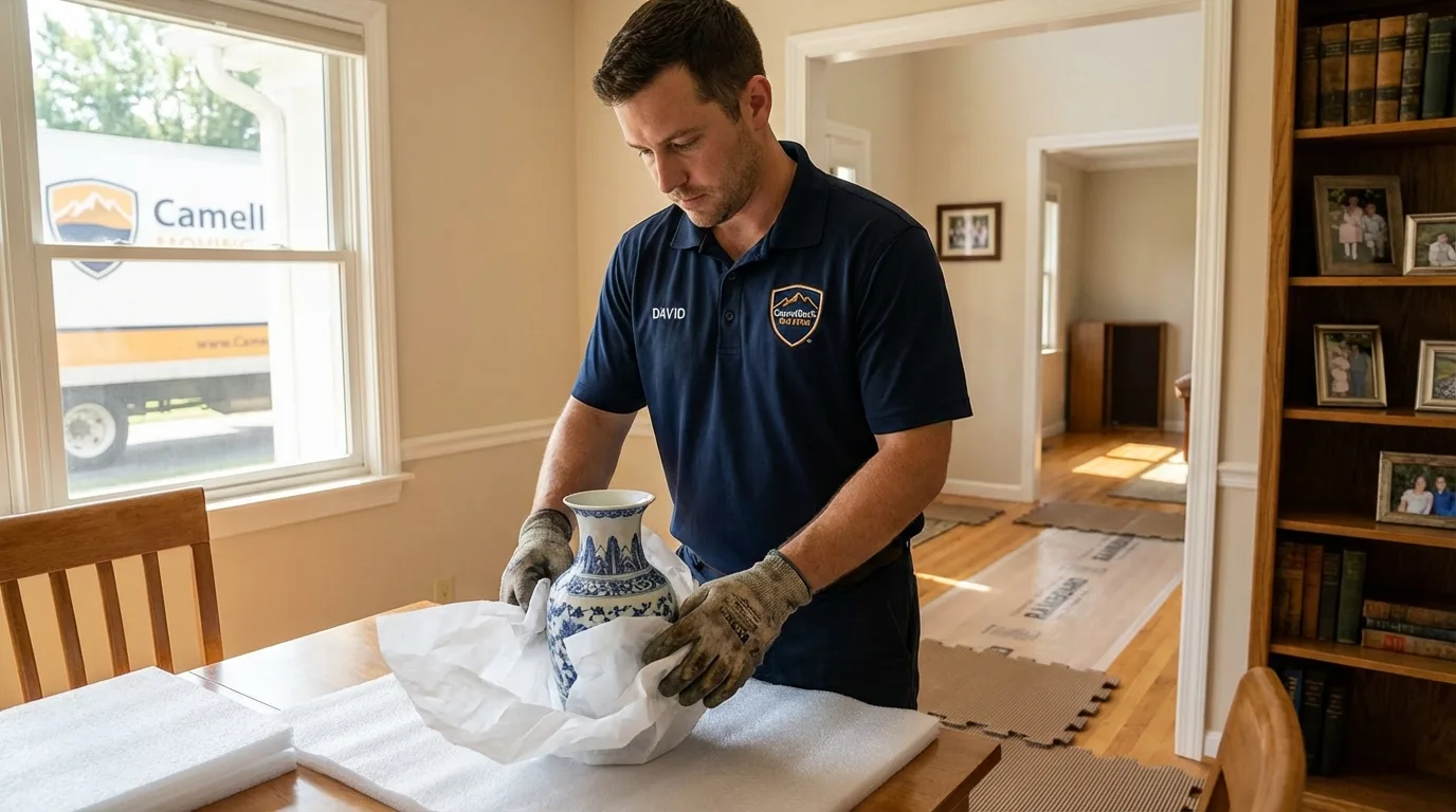 Professional crew carefully wrapping antique vase for senior downsizing move in Pineville, LA